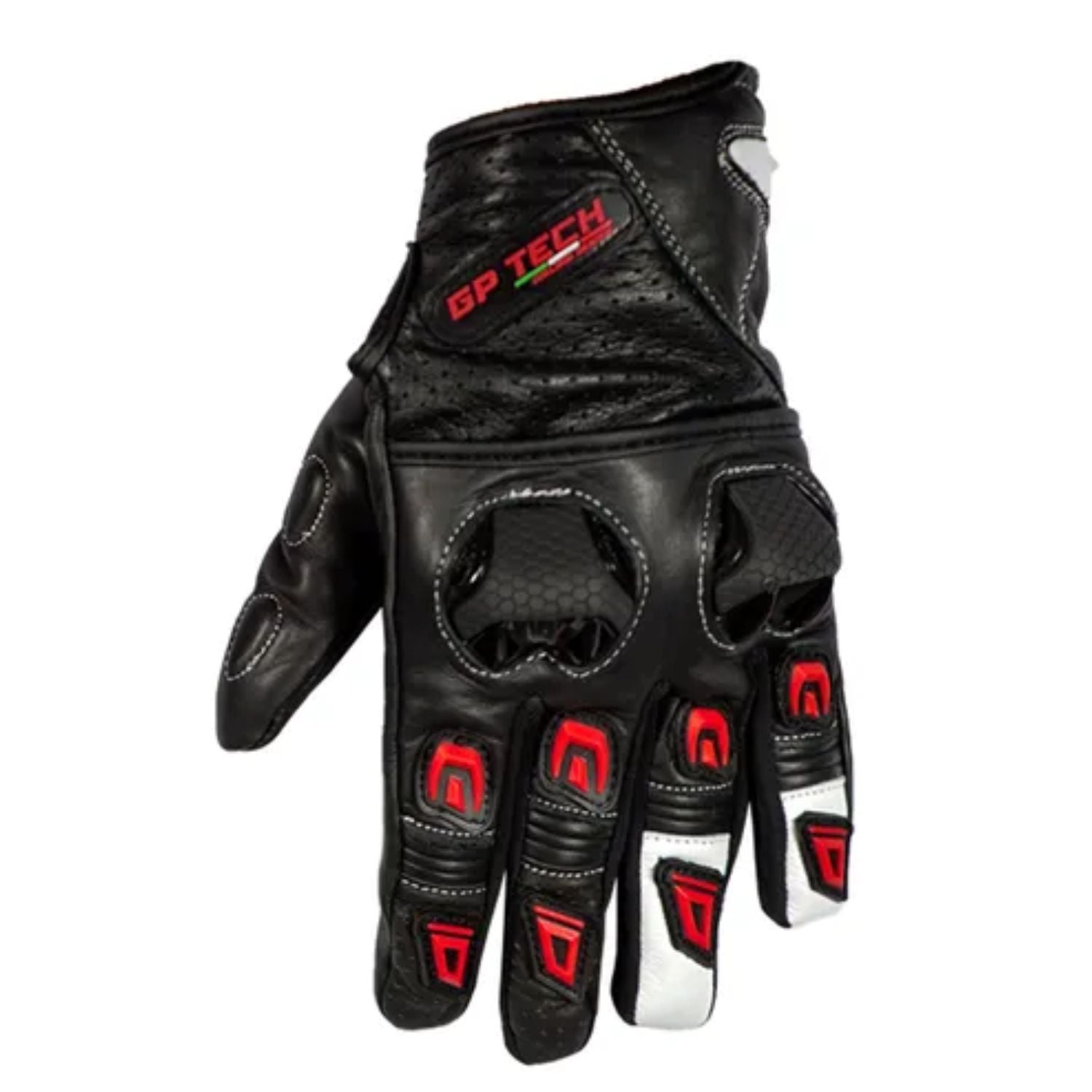Luva de motoqueiro de couro GP Tech Verona Preto Branco Vermelho