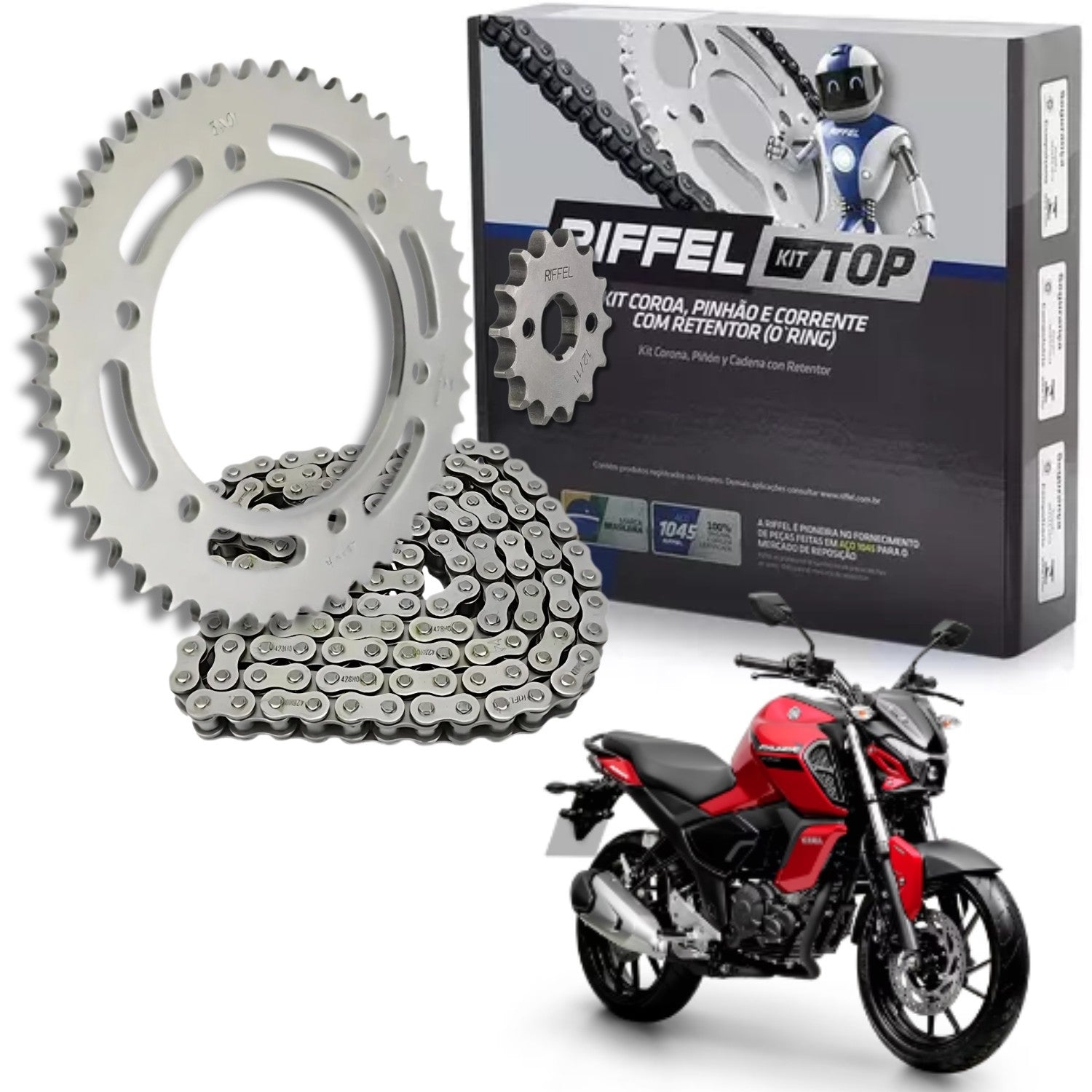 KIT RELAÇÃO RIFFEL COM RETENTOR YAMAHA FZ15 2022 2023 2024 2025