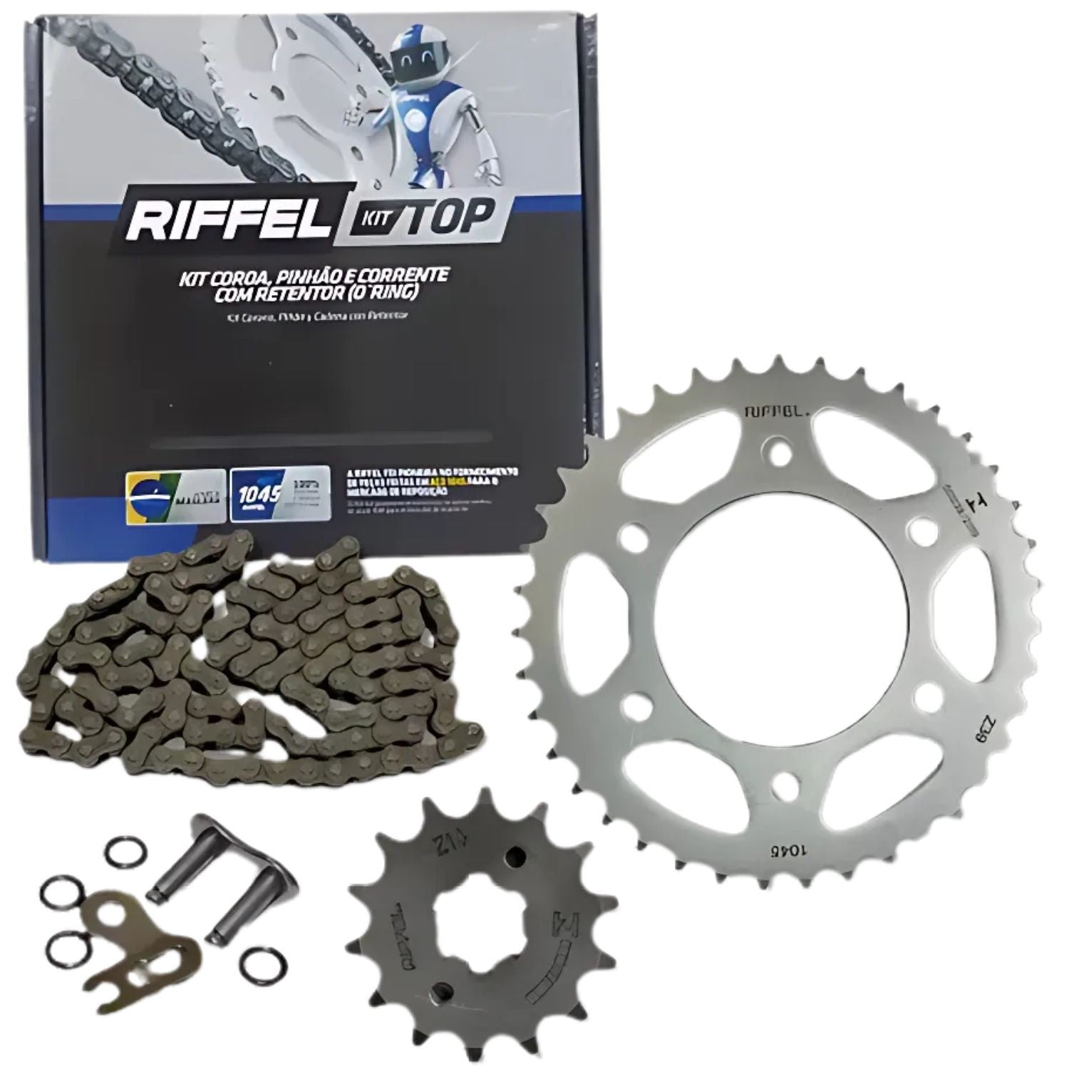 KIT RELAÇÃO RIFFEL COM RETENTOR YAMAHA FAZER 150 2014 A 2024 FACTOR 125I 150 2016 A 2024