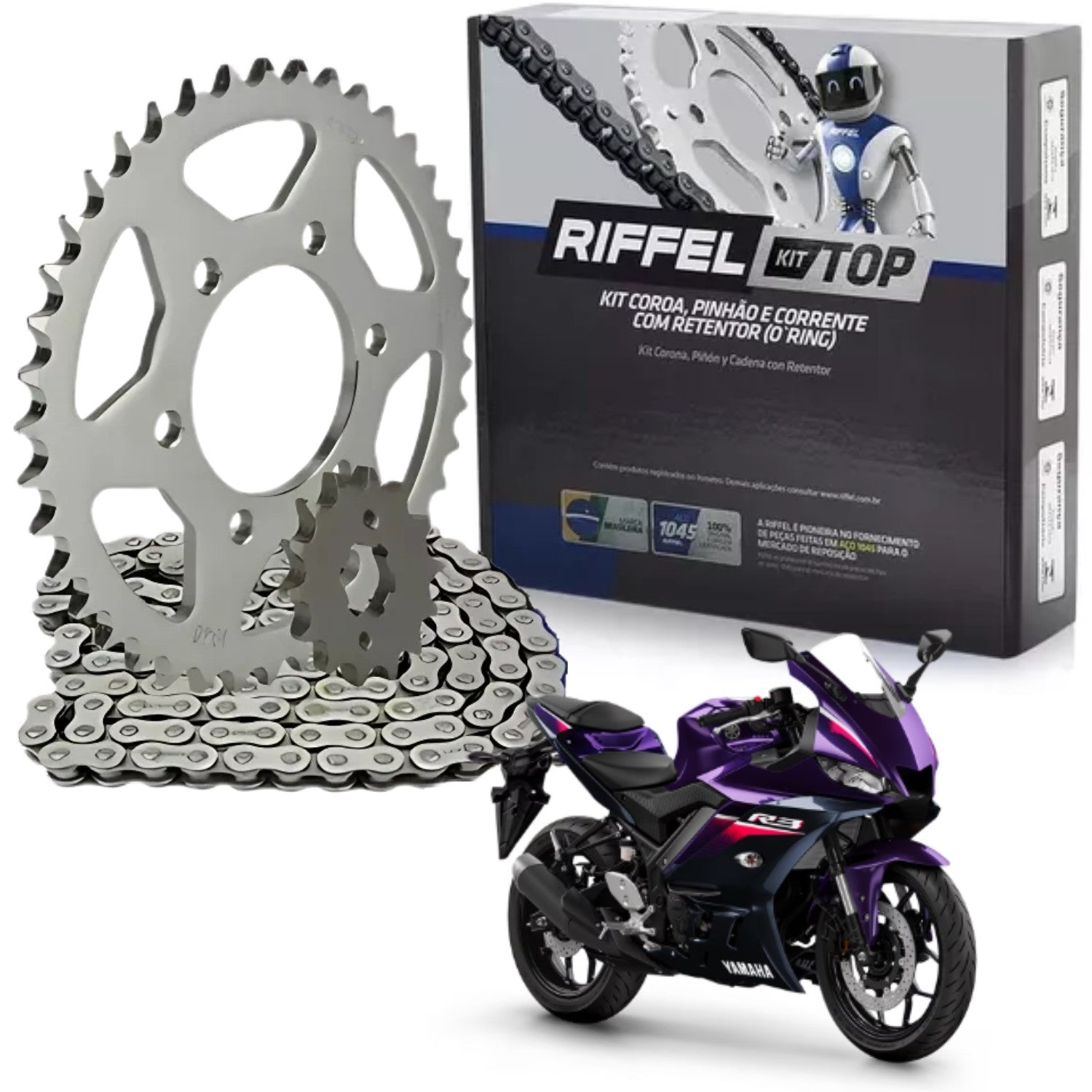 KIT RELAÇÃO RIFFEL COM RETENTOR YAMAHA MT-03 YZF R3 2016 A 2024