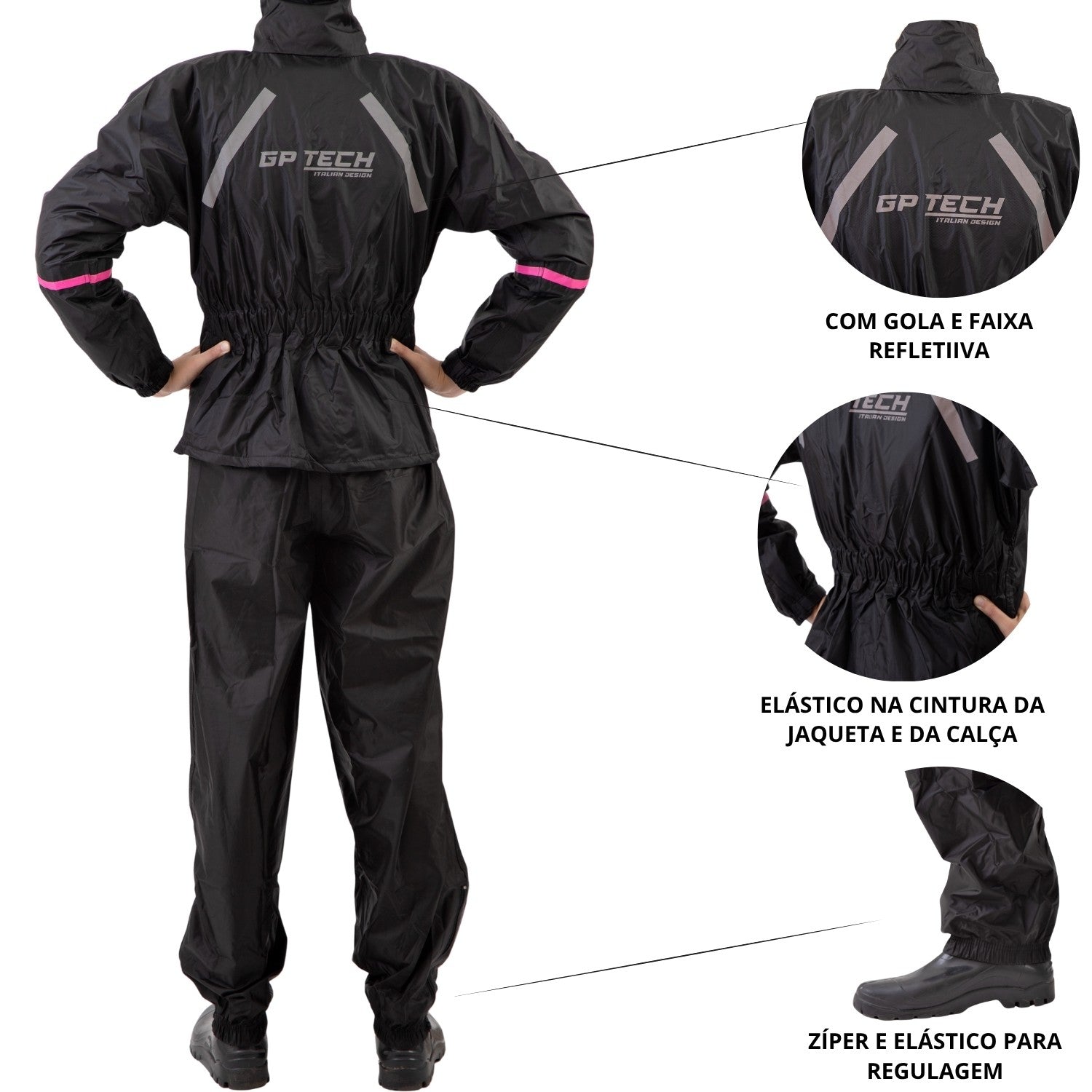 Conjunto Capa de chuva Feminina GP Tech Essence Premium Preto Rosa