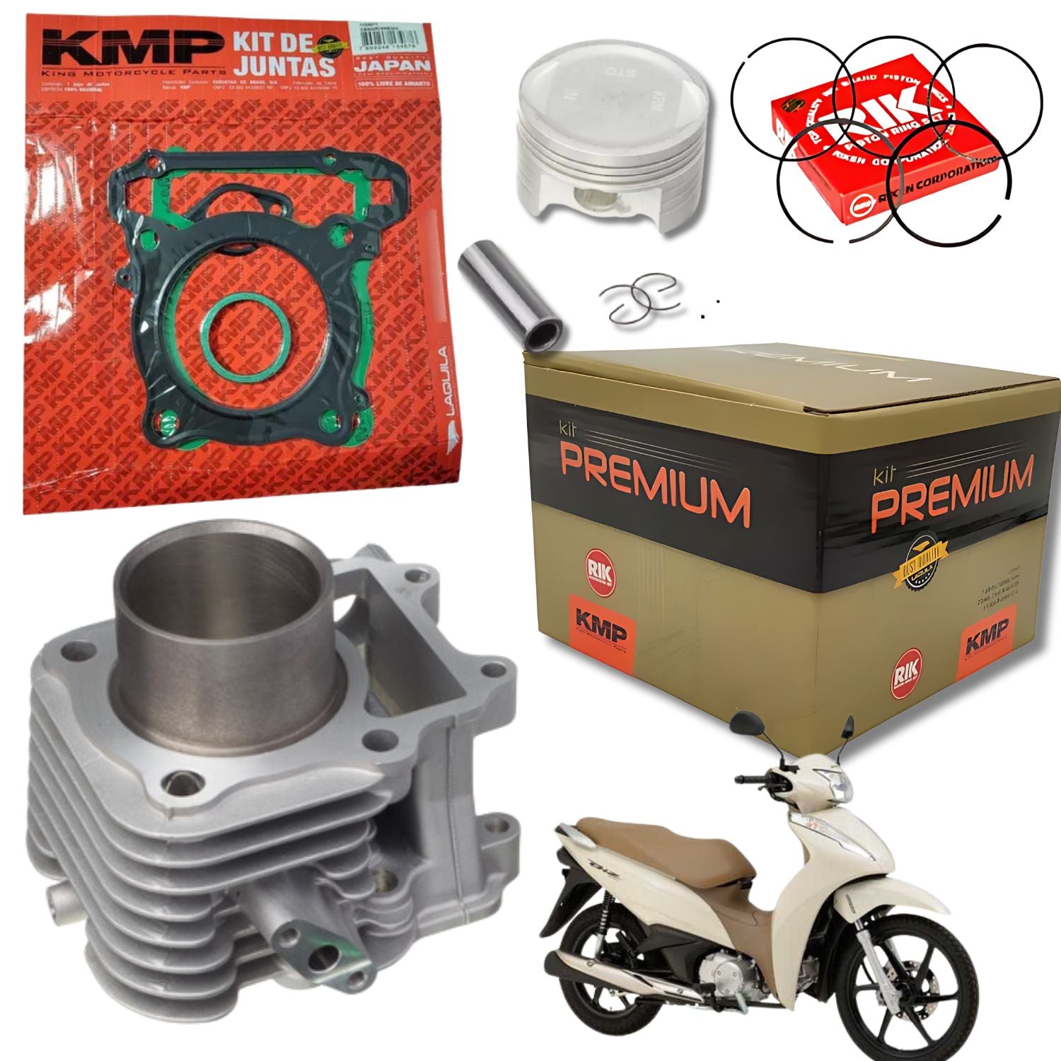 KIT PREMIUM COM CILINDRO PISTAO KMP HONDA BIZ 125 2009 EM DIANTE