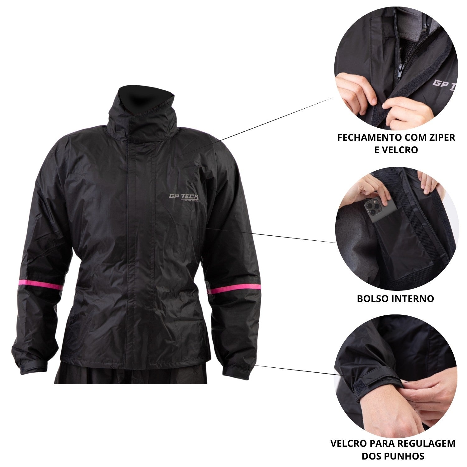 Conjunto Capa de chuva Feminina GP Tech Essence Premium Preto Rosa