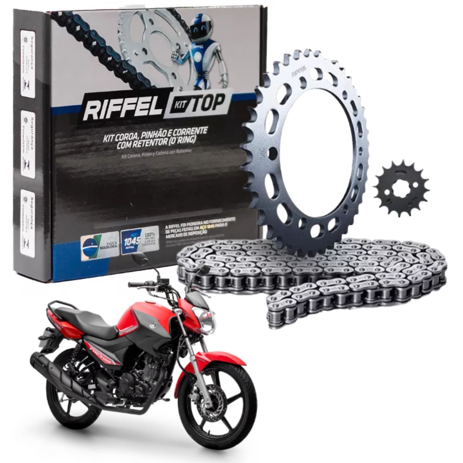 KIT RELAÇÃO RIFFEL COM RETENTOR YAMAHA FAZER 150 2014 A 2024 FACTOR 125I 150 2016 A 2024