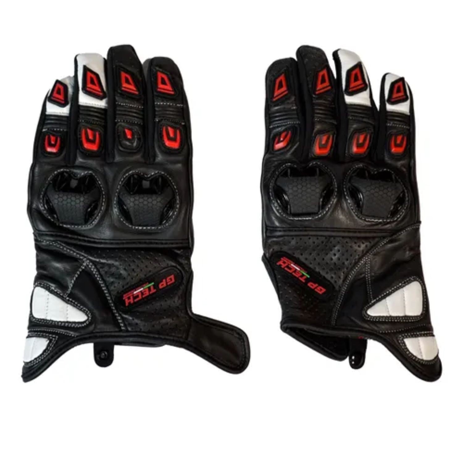 Luva de motoqueiro de couro GP Tech Verona Preto Branco Vermelho