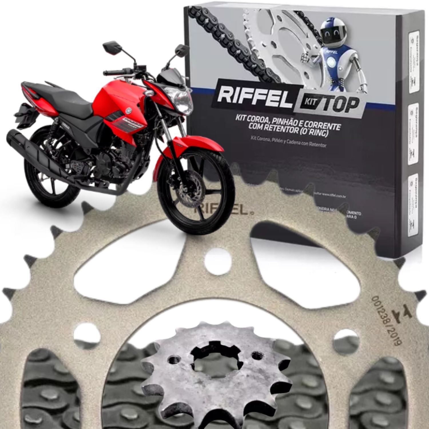 KIT RELAÇÃO RIFFEL COM RETENTOR YAMAHA FAZER 150 2014 A 2024 FACTOR 125I 150 2016 A 2024